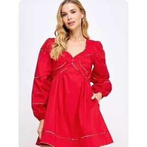 Strut & Bolt Alaina Red Mini Dress Contrast Piping Long Balloon Sleeve Women’s M